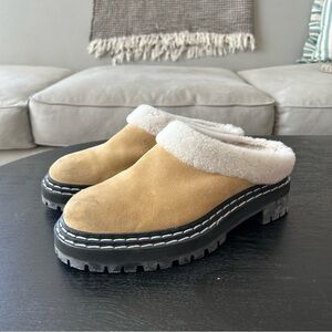 Proenza Schouler Shearling Lined Tan Suede Lug Sole Mules Size 37.5